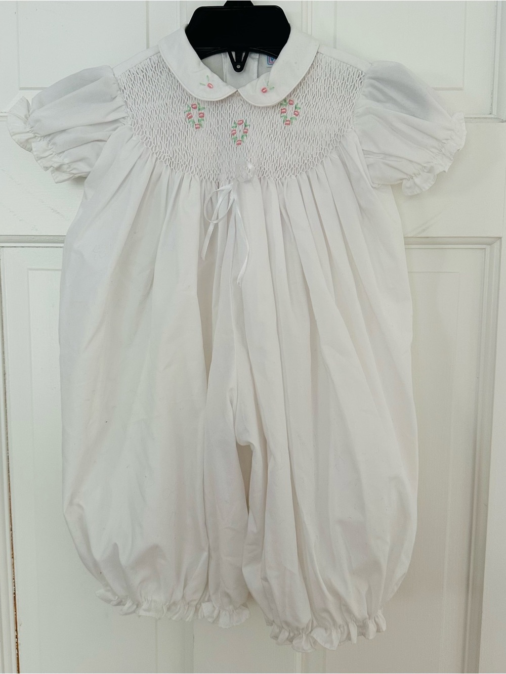 Vintage Petit Ami White Smocked Bubble Romper with Pink & Green Floral Details